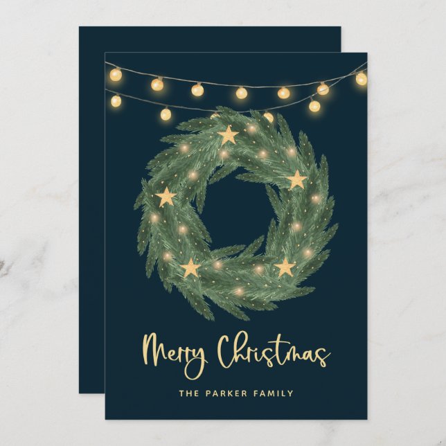 Christmas Wreath with Gold String Lights on Blue Holiday Card (Front/Back)
