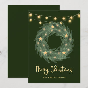 Christmas Wreath with Gold String Lights on Green Holiday Card