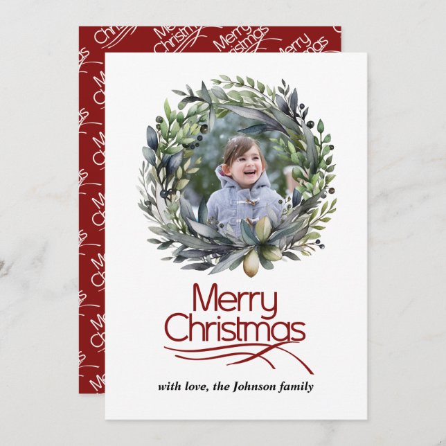 Christmas wreath with greenery photo holiday card (Front/Back)
