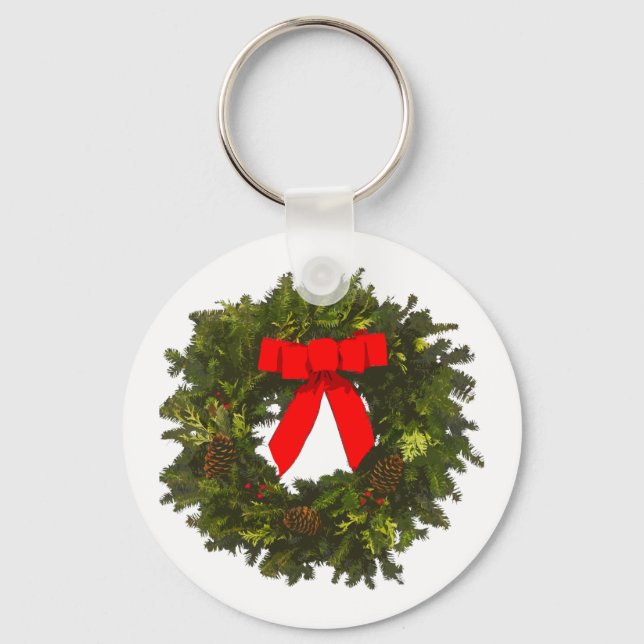 Christmas Wreath with Pine Cones and Red Bow Key Ring (Front)