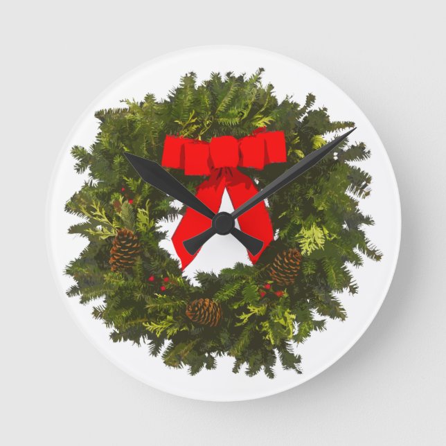 Christmas Wreath with Pine Cones and Red Bow Round Clock (Front)