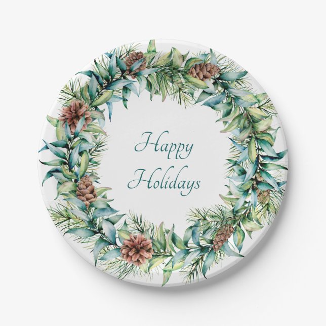 Christmas Wreath with Pinecones Paper Plate (Front)