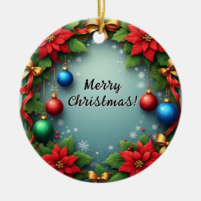 Christmas Wreath with Poinsettias Ceramic Tree Decoration (Front)