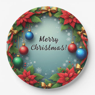 Christmas Wreath with Poinsettias Paper Plate