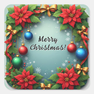 Christmas Wreath with Poinsettias Square Sticker