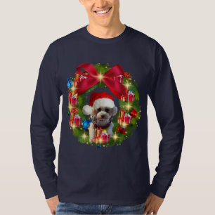 Christmas Wreath With Poodle Santa Hat T-Shirt