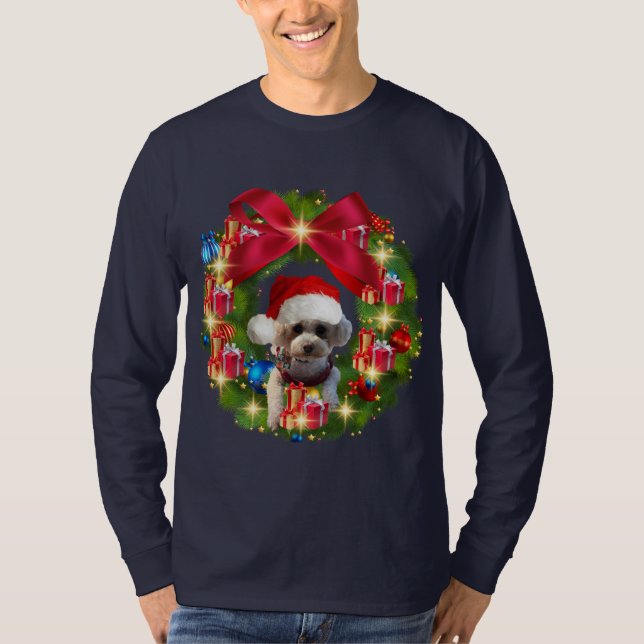 Christmas Wreath With Poodle Santa Hat T-Shirt (Front)
