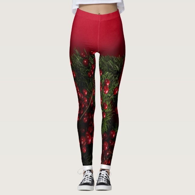 christmas wreath with red berries           leggings (Front)