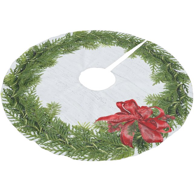 Christmas Wreath With Red Bow On Wood Brushed Polyester Tree Skirt (Angled)