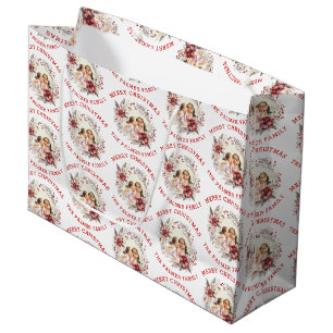 Christmas wreath with red flowers and photo large gift bag
