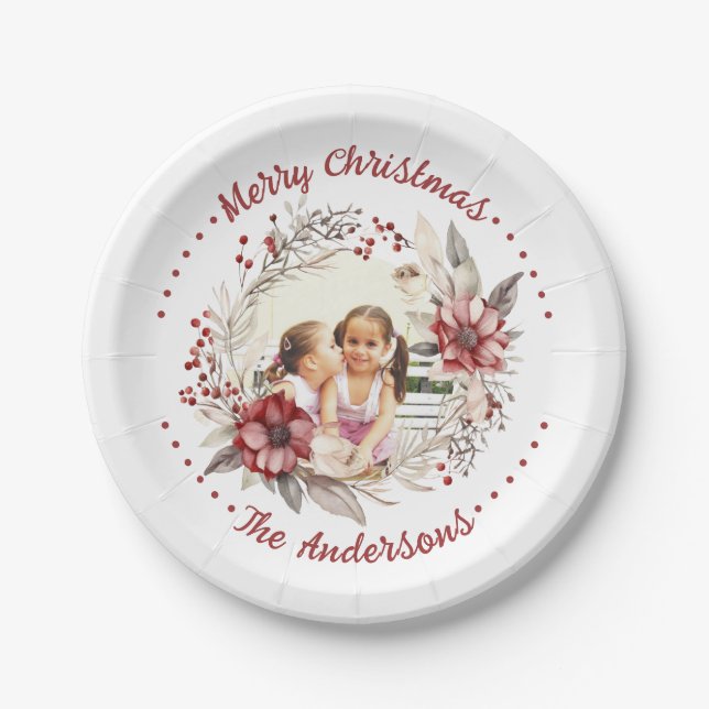 Christmas wreath with red flowers photo paper plate (Front)