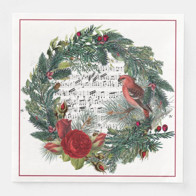 Christmas Wreath with Roses and Grosebeak Napkin (Front)