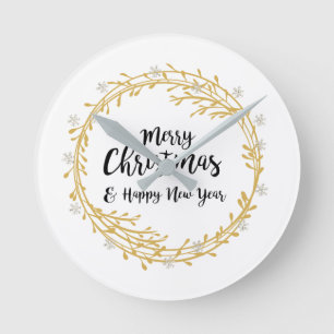 Christmas wreath with silver glitter snowflakes round clock