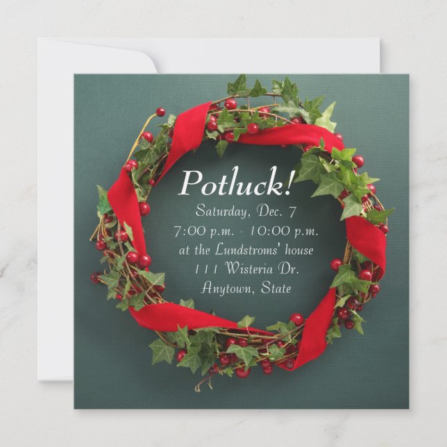 Christmas wreath with velvet ribbon potluck invitation (Front)