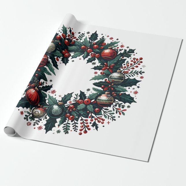 Christmas Wreath Wrapping Paper (Unrolled)