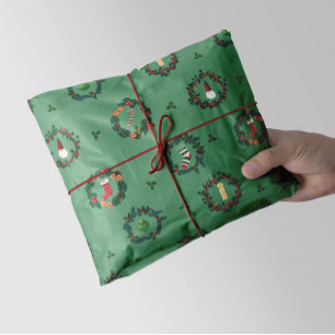Christmas wreaths and stripes wrapping paper sheet