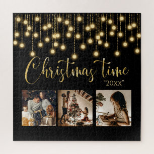 Christmas Xmas 3 Photo Collage Rustic Lights Jigsaw Puzzle