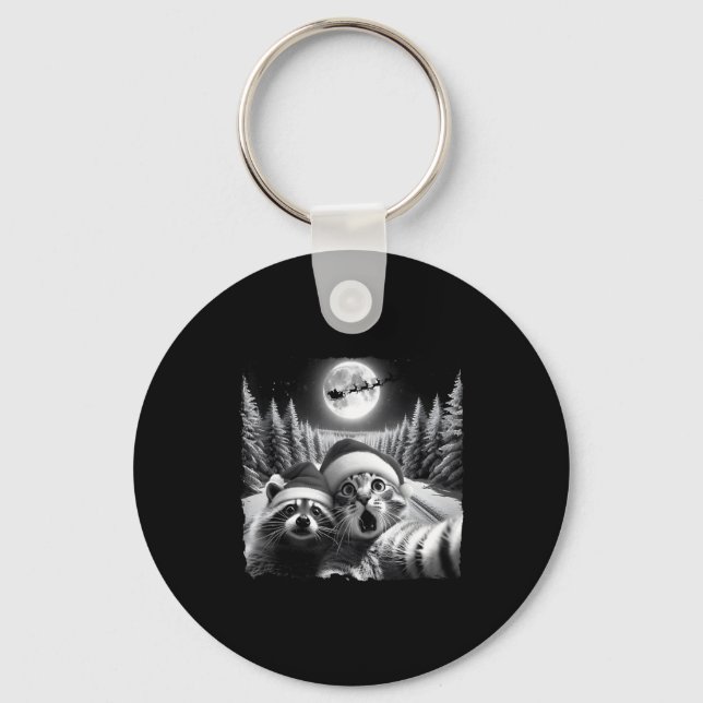Christmas Xmas Holiday Funny Cat Taking Selfie Rac Key Ring (Front)