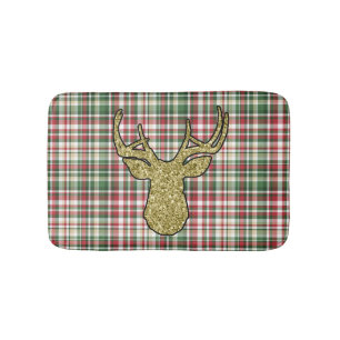 Christmas XMAS Plaid Tartan Gold Deer Bath Mat