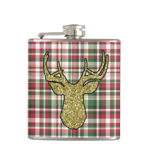 Christmas XMAS Plaid Tartan Gold Deer Buck Flask