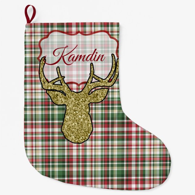 Christmas XMAS Plaid Tartan Gold Deer Stocking (Front)