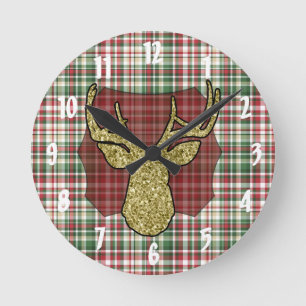 Christmas XMAS Plaid Tartan Gold Deer Wall Clock