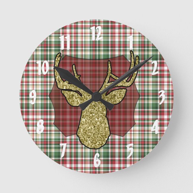 Christmas XMAS Plaid Tartan Gold Deer Wall Clock (Front)