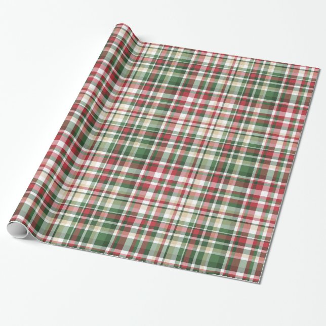 Christmas XMAS Plaid Tartan Red Gre Wrapping Paper (Unrolled)