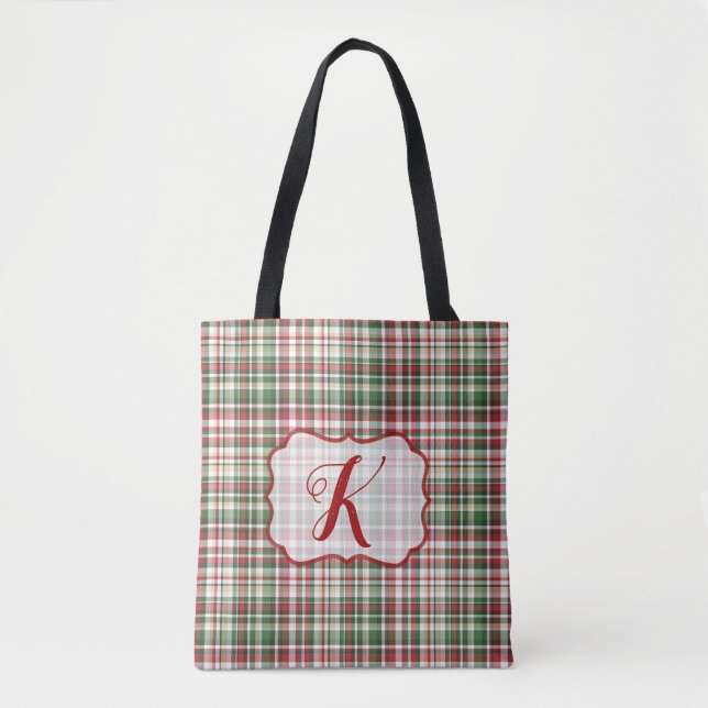 Christmas XMAS Plaid Tartan Red Green Tote Bag (Front)