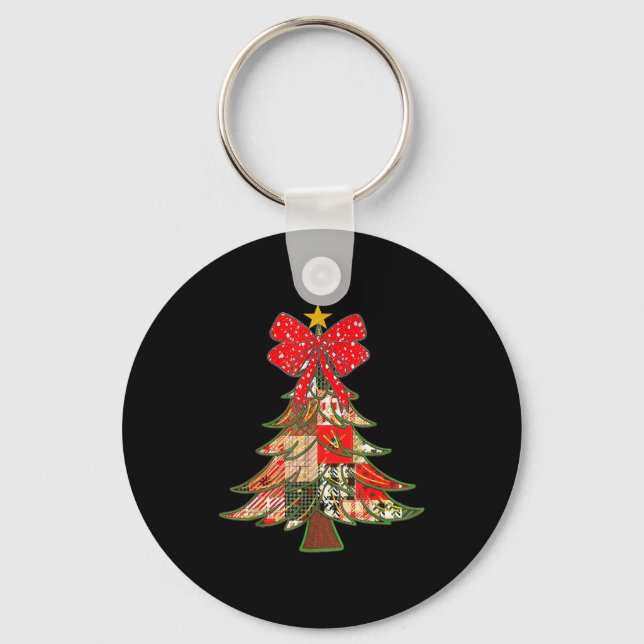 Christmas Xmas Tree Patchwork Coquette Bow Pajamas Key Ring (Front)