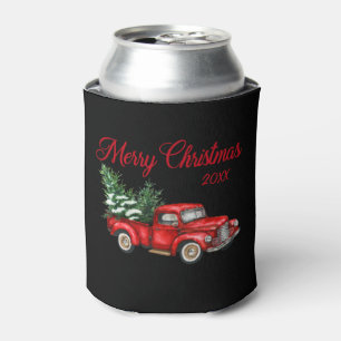 Christmas Year Watercolor Vintage Red Truck Black Can Cooler