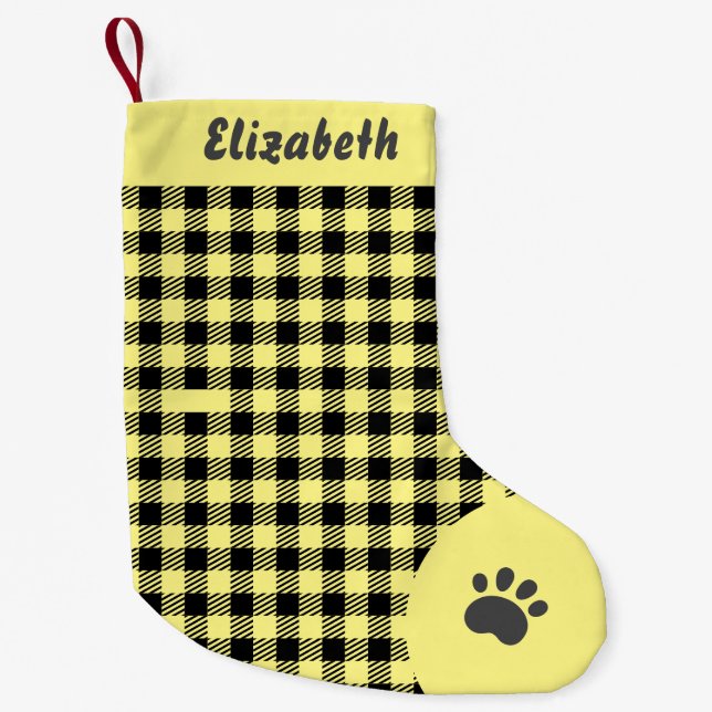 Christmas Yellow and Black Buffalo Plaid Custom Small Christmas Stocking (Front)