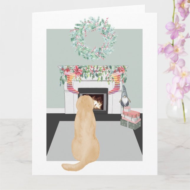 Christmas Yellow Labrador Dog Fireplace Scene Card (Orchid)