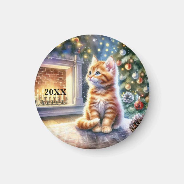 Christmas Yellow Striped Kitten Magnet (Front)
