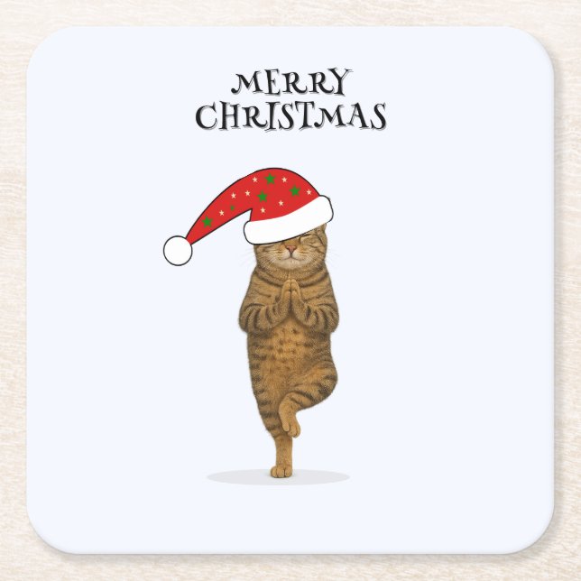 Christmas yoga cat your text square paper coaster (Front)