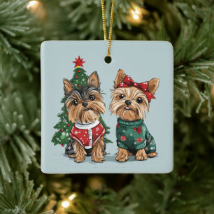 Christmas Yorkie Dogs Ceramic Ornament