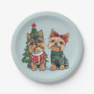 Christmas Yorkie Dogs Paper Plate
