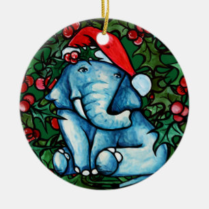 Christmas Yule Elephant with Holly Ceramic Tree Decoration