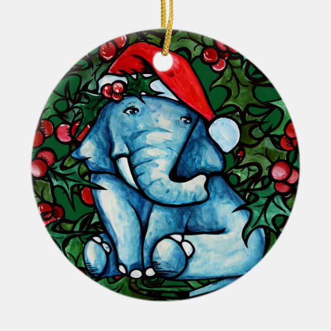 Christmas Yule Elephant with Holly Ceramic Tree Decoration (Front)