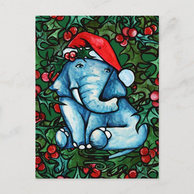 Christmas Yule Elephant with Holly Postcard (Front)