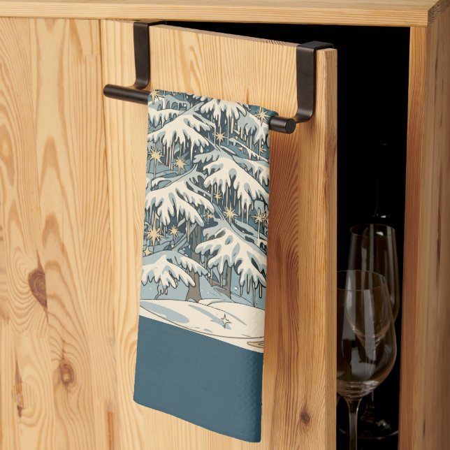 Christmas Yule Tree With Snow Laden Branches Tea Towel (Thirds Fold)