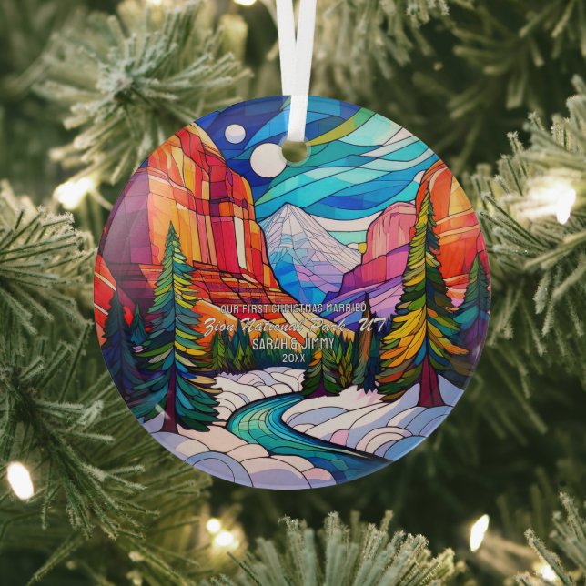 Christmas Zion Utah Stained Glass Married Couple Glass Tree Decoration (Insitu)