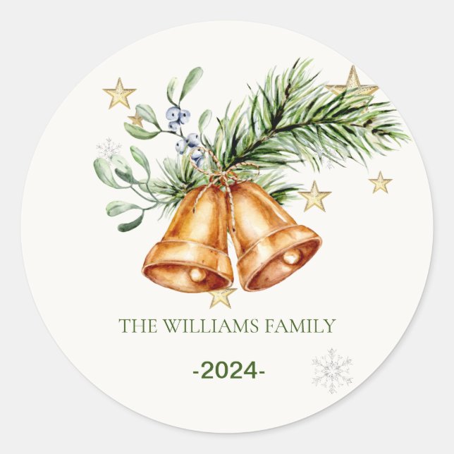 ChristmasBells  Wreath Family Name  Classic Round Sticker (Front)