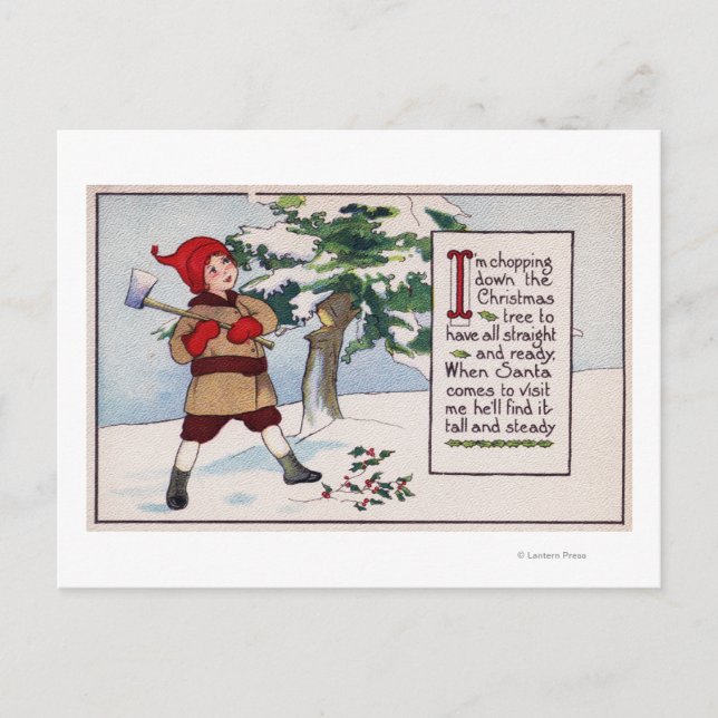 ChristmasBoy Chopping Down Christmas Tree Holiday Postcard (Front)