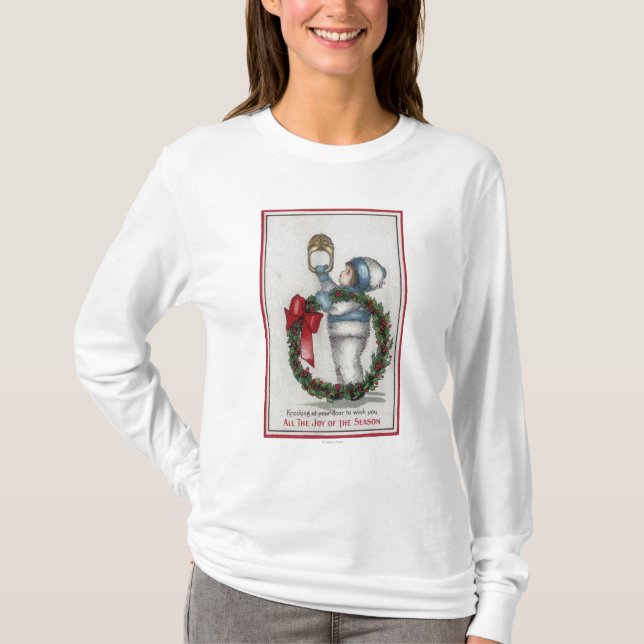 ChristmasKid Holding Wreath Knocking T-Shirt (Front)