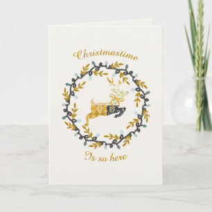 Christmastime Deer with Wreath Yellow Cream Holiday Card