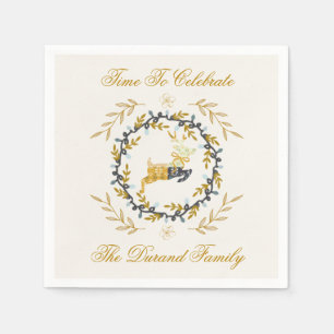 Christmastime Deer with Wreath Yellow Cream Napkin