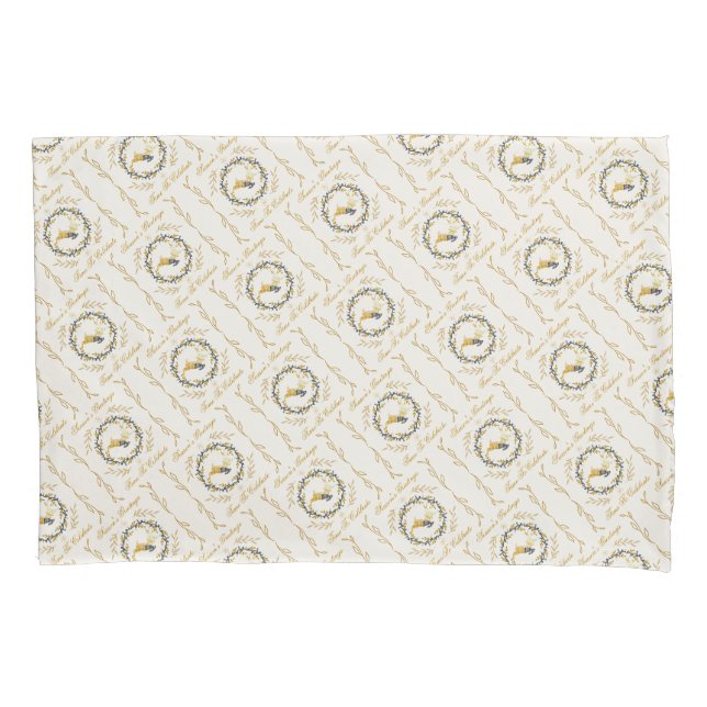 Christmastime Deer & Wreath Yellow Cream Pattern Pillowcase (Front)