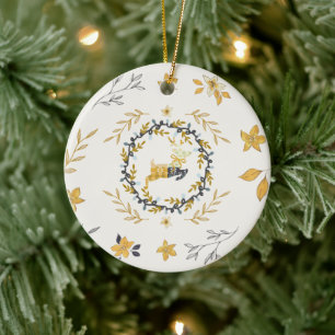Christmastime Deer Yellow Cream Floral Ceramic Tree Decoration