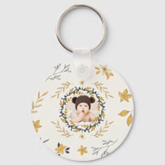 Christmastime Deer Yellow Cream Floral Photo Key Ring